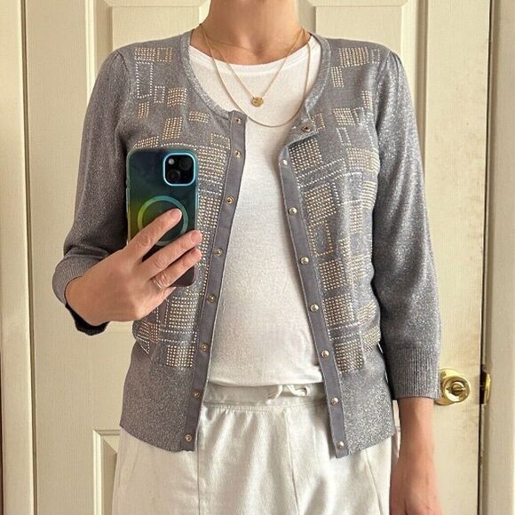 WHBM Sparkly Gray Cardigan Gold Silver Size Medium - Picture 4 of 13